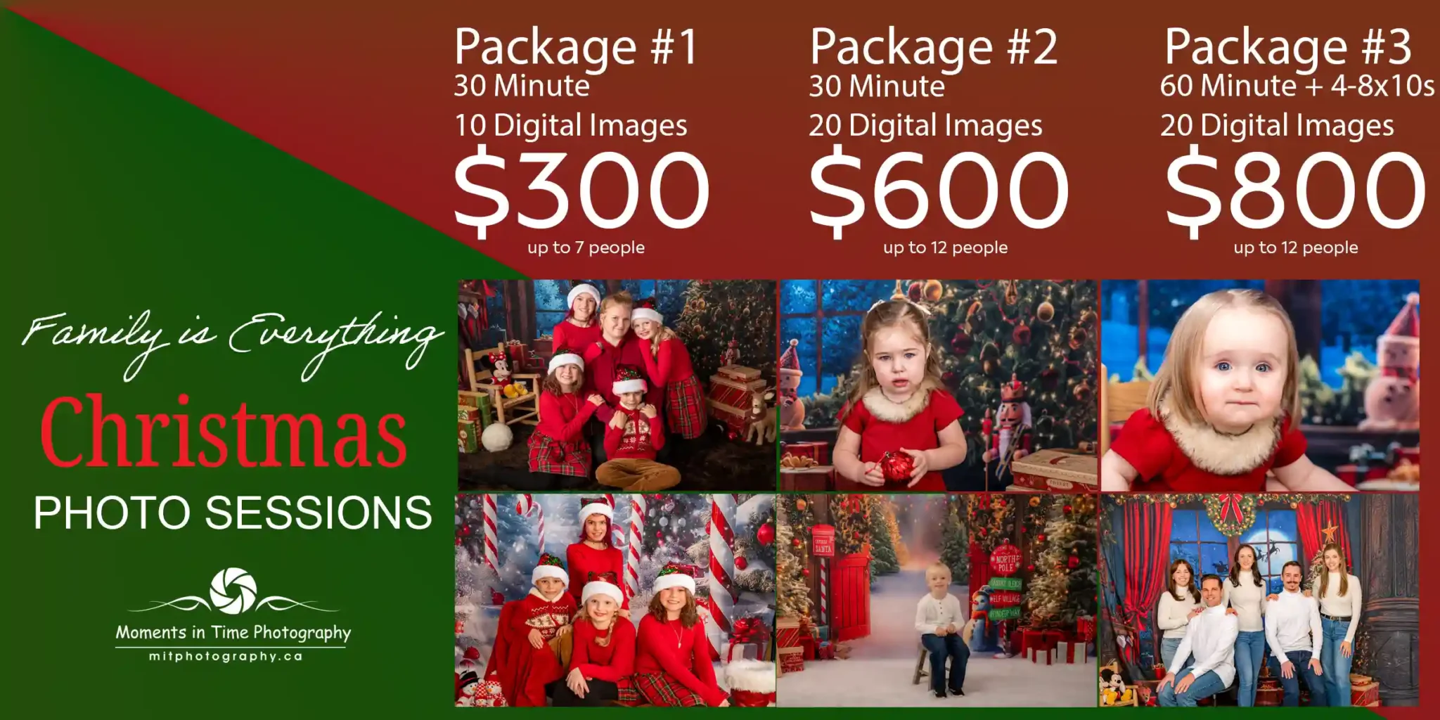 Christmas mini portraits at Moments in Time Photography Studio in Halifax — professional holiday photo packages for families and children featuring festive backdrops, cozy red outfits, and joyful smiles.