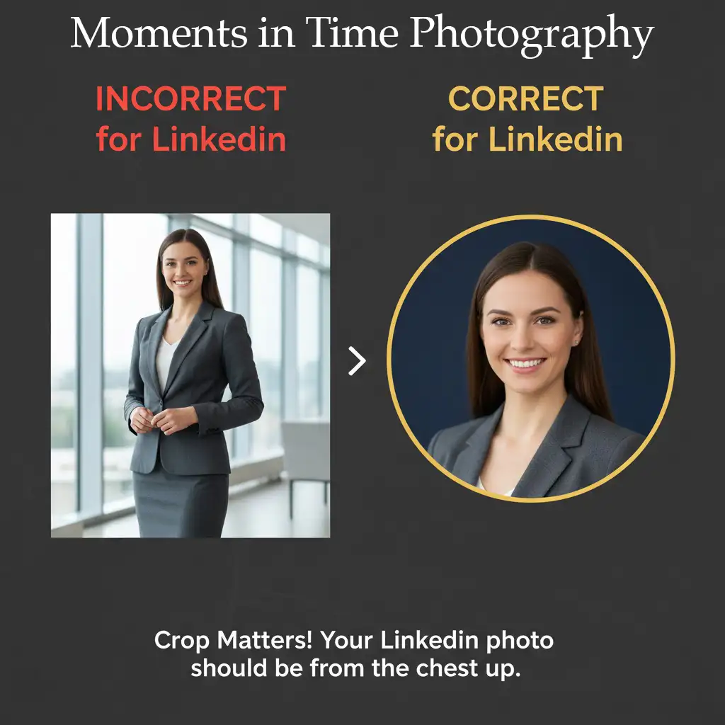 A comparison showing the incorrect way to crop a LinkedIn photo (too far away) versus the correct chest-up crop for professional profiles.