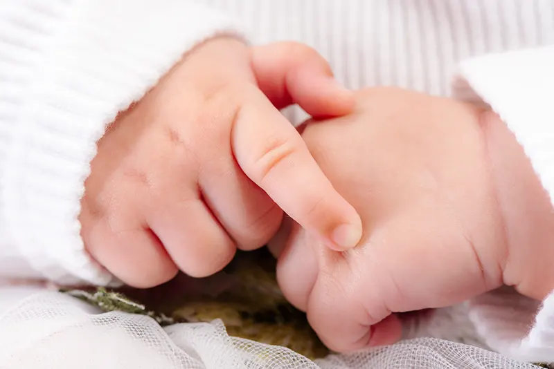 Macro studio photo of tiny newborn baby hands resting on soft white knit fabric by Moments in Time Photography Studio Halifax